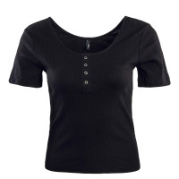 Damen T-Shirt - Simple Life Rib Button - Black