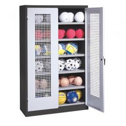 C+P Ballschrank (HxBxT 195x120x50 cm, mit Lochblech-Flügeltüren, Typ 3), Lichtgrau (RAL 7035), Anthrazit (RAL 7021)