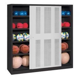 C+P Ballschrank (HxBxT 195x120x50 cm, mit Lochblech-Schiebetüren, Typ 4), Lichtgrau (RAL 7035), Anthrazit (RAL 7021)