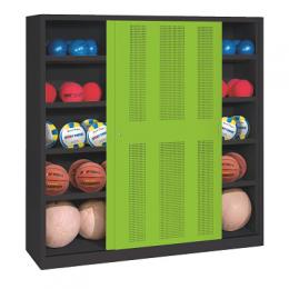 C+P Ballschrank (HxBxT 195x120x50 cm, mit Lochblech-Schiebetüren, Typ 4), Viridingrün (RDS 110 80 60), Anthrazit (RAL 7021)