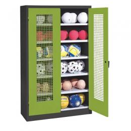 C+P Ballschrank (HxBxT 195x150x50 cm, mit Lochblech-Flügeltüren, Typ 3), Viridingrün (RDS 110 80 60), Anthrazit (RAL 7021)