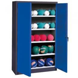 C+P Ballschrank (HxBxT 195x150x50 cm, mit Vollblech-Flügeltüren, Typ 3), Enzianblau (RAL 5010), Anthrazit (RAL 7021)