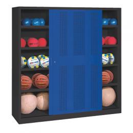 C+P Ballschrank (HxBxT 195x190x60 cm, mit Lochblech-Schiebetüren, Typ 4), Enzianblau (RAL 5010), Anthrazit (RAL 7021)