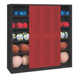 C+P Ballschrank (HxBxT 195x190x60 cm, mit Lochblech-Schiebetüren, Typ 4), Rubinrot (RAL 3003), Anthrazit (RAL 7021)