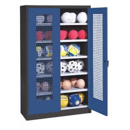 C+P Ballschrank mit Lochblech-Flügeltüren (Typ 3), HxBxT 195x120x50 cm, Enzianblau (RAL 5010), Ergo-Lock Muldengriff, Anthrazit (RAL 7021), Gleichschließung