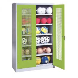 C+P Ballschrank mit Lochblech-Flügeltüren (Typ 3), HxBxT 195x120x50 cm, Ergo-Lock Muldengriff, Clowngrün (RAL 110 80 60), Lichtgrau (RAL 7035), Einzelschließung
