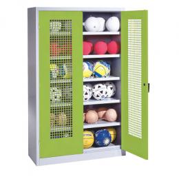 C+P Ballschrank mit Lochblech-Flügeltüren (Typ 3), HxBxT 195x120x50 cm, Ergo-Lock Muldengriff, Clowngrün (RAL 110 80 60), Lichtgrau (RAL 7035), Gleichschließung