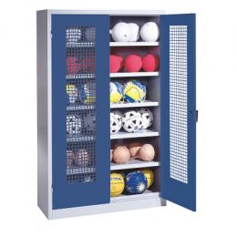 C+P Ballschrank mit Lochblech-Flügeltüren (Typ 3), HxBxT 195x120x50 cm, Ergo-Lock Muldengriff, Enzianblau (RAL 5010), Lichtgrau (RAL 7035), Einzelschließung