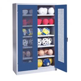 C+P Ballschrank mit Lochblech-Flügeltüren (Typ 3), HxBxT 195x120x50 cm, Ergo-Lock Muldengriff, Enzianblau (RAL 5010), Lichtgrau (RAL 7035), Gleichschließung