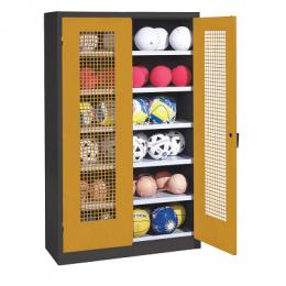 C+P Ballschrank mit Lochblech-Flügeltüren (Typ 3), HxBxT 195x120x50 cm, Ergo-Lock Muldengriff, Goldgelb (RAL 1004), Anthrazit (RAL 7021), Einzelschließung