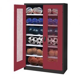 C+P Ballschrank mit Lochblech-Flügeltüren (Typ 3), HxBxT 195x120x50 cm, Ergo-Lock Muldengriff, Rubinrot (RAL 3003), Anthrazit (RAL 7021), Einzelschließung