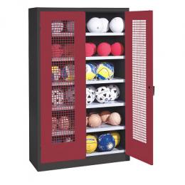 C+P Ballschrank mit Lochblech-Flügeltüren (Typ 3), HxBxT 195x120x50 cm, Ergo-Lock Muldengriff, Rubinrot (RAL 3003), Anthrazit (RAL 7021), Gleichschließung