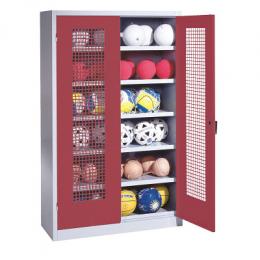 C+P Ballschrank mit Lochblech-Flügeltüren (Typ 3), HxBxT 195x120x50 cm, Ergo-Lock Muldengriff, Rubinrot (RAL 3003), Lichtgrau (RAL 7035), Einzelschließung