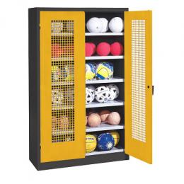 C+P Ballschrank mit Lochblech-Flügeltüren (Typ 3), HxBxT 195x120x50 cm, Ergo-Lock Muldengriff, Verkehrsgelb (RAL 1023), Anthrazit (RAL 7021), Gleichschließung