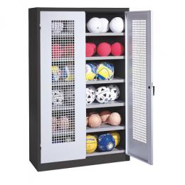 C+P Ballschrank mit Lochblech-Flügeltüren (Typ 3), HxBxT 195x120x50 cm, Lichtgrau (RAL 7035), Ergo-Lock Muldengriff, Anthrazit (RAL 7021), Einzelschließung