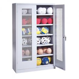 C+P Ballschrank mit Lochblech-Flügeltüren (Typ 3), HxBxT 195x120x50 cm, Lichtgrau (RAL 7035), Ergo-Lock Muldengriff, Lichtgrau (RAL 7035), Einzelschließung