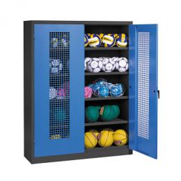 C+P Ballschrank mit Lochblech-Flügeltüren (Typ 3), HxBxT 195x150x50 cm, Enzianblau (RAL 5010), Ergo-Lock Muldengriff, Anthrazit (RAL 7021), Einzelschließung