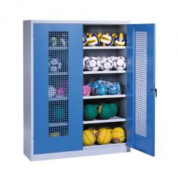 C+P Ballschrank mit Lochblech-Flügeltüren (Typ 3), HxBxT 195x150x50 cm, Ergo-Lock Muldengriff, Enzianblau (RAL 5010), Lichtgrau (RAL 7035), Gleichschließung