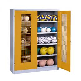 C+P Ballschrank mit Lochblech-Flügeltüren (Typ 3), HxBxT 195x150x50 cm, Ergo-Lock Muldengriff, Goldgelb (RAL 1004), Lichtgrau (RAL 7035), Einzelschließung