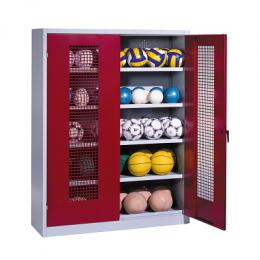 C+P Ballschrank mit Lochblech-Flügeltüren (Typ 3), HxBxT 195x150x50 cm, Ergo-Lock Muldengriff, Rubinrot (RAL 3003), Lichtgrau (RAL 7035), Gleichschließung