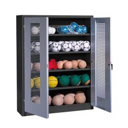 C+P Ballschrank mit Lochblech-Flügeltüren (Typ 3), HxBxT 195x150x50 cm, Lichtgrau (RAL 7035), Ergo-Lock Muldengriff, Anthrazit (RAL 7021), Einzelschließung
