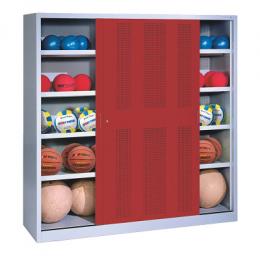 C+P Ballschrank mit Lochblech-Schiebetüren (Typ 4), HxBxT: 195x120x40 cm, Rubinrot (RAL 3003), Einzelschließung