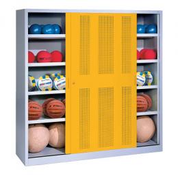 C+P Ballschrank mit Lochblech-Schiebetüren (Typ 4), HxBxT: 195x120x40 cm, Verkehrsgelb (RAL 1023), Einzelschließung