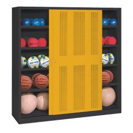 C+P Ballschrank mit Lochblech-Schiebetüren (Typ 4), HxBxT 195x120x50 cm, Goldgelb (RAL 1004), Anthrazit (RAL 7021), Einzelschließung