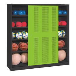 C+P Ballschrank mit Lochblech-Schiebetüren (Typ 4), HxBxT: 195x160x60 cm, Clowngrün (RAL 110 80 60), Anthrazit (RAL 7021), Gleichschließung