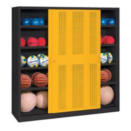 C+P Ballschrank mit Lochblech-Schiebetüren (Typ 4), HxBxT: 195x160x60 cm, Verkehrsgelb (RAL 1023), Anthrazit (RAL 7021), Einzelschließung