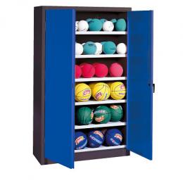C+P Ballschrank mit Vollblech-Flügeltüren (Typ 3), HxBxT: 195x120x50 cm, Enzianblau (RAL 5010), Ergo-Lock Muldengriff, Anthrazit (RAL 7021), Gleichschließung