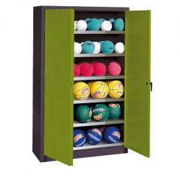 C+P Ballschrank mit Vollblech-Flügeltüren (Typ 3), HxBxT: 195x120x50 cm, Ergo-Lock Muldengriff, Clowngrün (RAL 110 80 60), Anthrazit (RAL 7021), Einzelschließung
