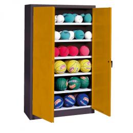 C+P Ballschrank mit Vollblech-Flügeltüren (Typ 3), HxBxT: 195x120x50 cm, Ergo-Lock Muldengriff, Goldgelb (RAL 1004), Anthrazit (RAL 7021), Einzelschließung