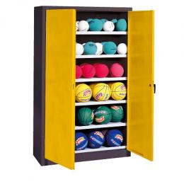 C+P Ballschrank mit Vollblech-Flügeltüren (Typ 3), HxBxT: 195x120x50 cm, Ergo-Lock Muldengriff, Verkehrsgelb (RAL 1023), Anthrazit (RAL 7021), Gleichschließung
