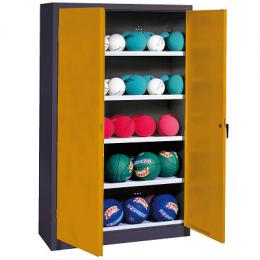 C+P Ballschrank mit Vollblech-Flügeltüren (Typ 3), HxBxT 195x150x50 cm, Ergo-Lock Muldengriff, Goldgelb (RAL 1004), Anthrazit (RAL 7021), Gleichschließung