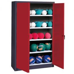 C+P Ballschrank mit Vollblech-Flügeltüren (Typ 3), HxBxT 195x150x50 cm, Ergo-Lock Muldengriff, Rubinrot (RAL 3003), Anthrazit (RAL 7021), Gleichschließung