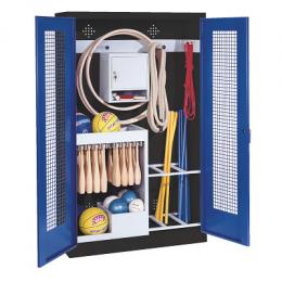C+P Sportgeräteschrank mit Lochblech-Flügeltüren (Typ 1), HxBxT 195x120x50 cm, Enzianblau (RAL 5010), Ergo-Lock Muldengriff, Anthrazit (RAL 7021), Einzelschließung
