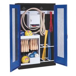 C+P Sportgeräteschrank mit Lochblech-Flügeltüren (Typ 1), HxBxT 195x120x50 cm, Enzianblau (RAL 5010), Ergo-Lock Muldengriff, Anthrazit (RAL 7021), Gleichschließung