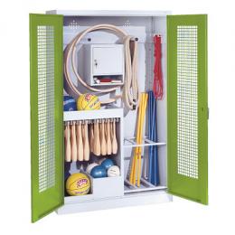 C+P Sportgeräteschrank mit Lochblech-Flügeltüren (Typ 1), HxBxT 195x120x50 cm, Ergo-Lock Muldengriff, Clowngrün (RAL 110 80 60), Lichtgrau (RAL 7035), Einzelschließung