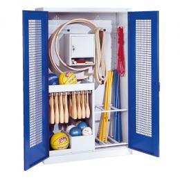 C+P Sportgeräteschrank mit Lochblech-Flügeltüren (Typ 1), HxBxT 195x120x50 cm, Ergo-Lock Muldengriff, Enzianblau (RAL 5010), Lichtgrau (RAL 7035), Einzelschließung