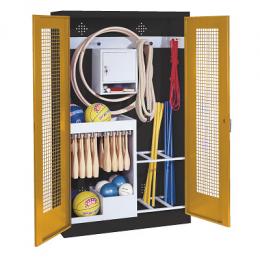 C+P Sportgeräteschrank mit Lochblech-Flügeltüren (Typ 1), HxBxT 195x120x50 cm, Ergo-Lock Muldengriff, Goldgelb (RAL 1004), Anthrazit (RAL 7021), Einzelschließung