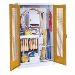 C+P Sportgeräteschrank mit Lochblech-Flügeltüren (Typ 1), HxBxT 195x120x50 cm, Ergo-Lock Muldengriff, Goldgelb (RAL 1004), Lichtgrau (RAL 7035), Einzelschließung