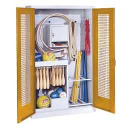 C+P Sportgeräteschrank mit Lochblech-Flügeltüren (Typ 1), HxBxT 195x120x50 cm, Ergo-Lock Muldengriff, Goldgelb (RAL 1004), Lichtgrau (RAL 7035), Gleichschließung