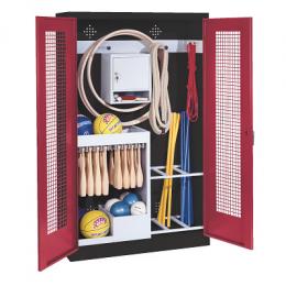 C+P Sportgeräteschrank mit Lochblech-Flügeltüren (Typ 1), HxBxT 195x120x50 cm, Ergo-Lock Muldengriff, Rubinrot (RAL 3003), Anthrazit (RAL 7021), Einzelschließung