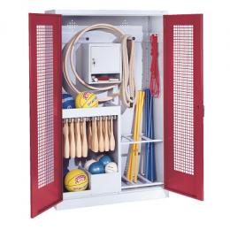 C+P Sportgeräteschrank mit Lochblech-Flügeltüren (Typ 1), HxBxT 195x120x50 cm, Ergo-Lock Muldengriff, Rubinrot (RAL 3003), Lichtgrau (RAL 7035), Einzelschließung