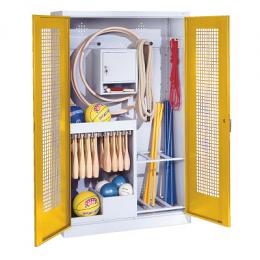 C+P Sportgeräteschrank mit Lochblech-Flügeltüren (Typ 1), HxBxT 195x120x50 cm, Ergo-Lock Muldengriff, Verkehrsgelb (RAL 1023), Anthrazit (RAL 7021), Einzelschließung