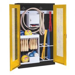 C+P Sportgeräteschrank mit Lochblech-Flügeltüren (Typ 1), HxBxT 195x120x50 cm, Ergo-Lock Muldengriff, Verkehrsgelb (RAL 1023), Anthrazit (RAL 7021), Gleichschließung