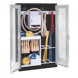 C+P Sportgeräteschrank mit Lochblech-Flügeltüren (Typ 1), HxBxT 195x120x50 cm, Lichtgrau (RAL 7035), Ergo-Lock Muldengriff, Anthrazit (RAL 7021), Einzelschließung