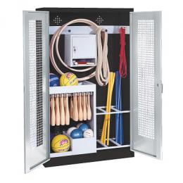C+P Sportgeräteschrank mit Lochblech-Flügeltüren (Typ 1), HxBxT 195x120x50 cm, Lichtgrau (RAL 7035), Ergo-Lock Muldengriff, Anthrazit (RAL 7021), Gleichschließung