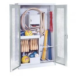 C+P Sportgeräteschrank mit Lochblech-Flügeltüren (Typ 1), HxBxT 195x120x50 cm, Lichtgrau (RAL 7035), Ergo-Lock Muldengriff, Lichtgrau (RAL 7035), Einzelschließung